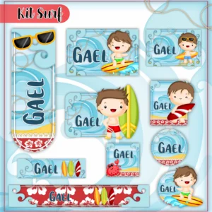 Kit de etiquetas escolares no tema Surf nos formatos Studio, PNG, CDR e PDF em alta resolução com pranchas e ondas do mar.