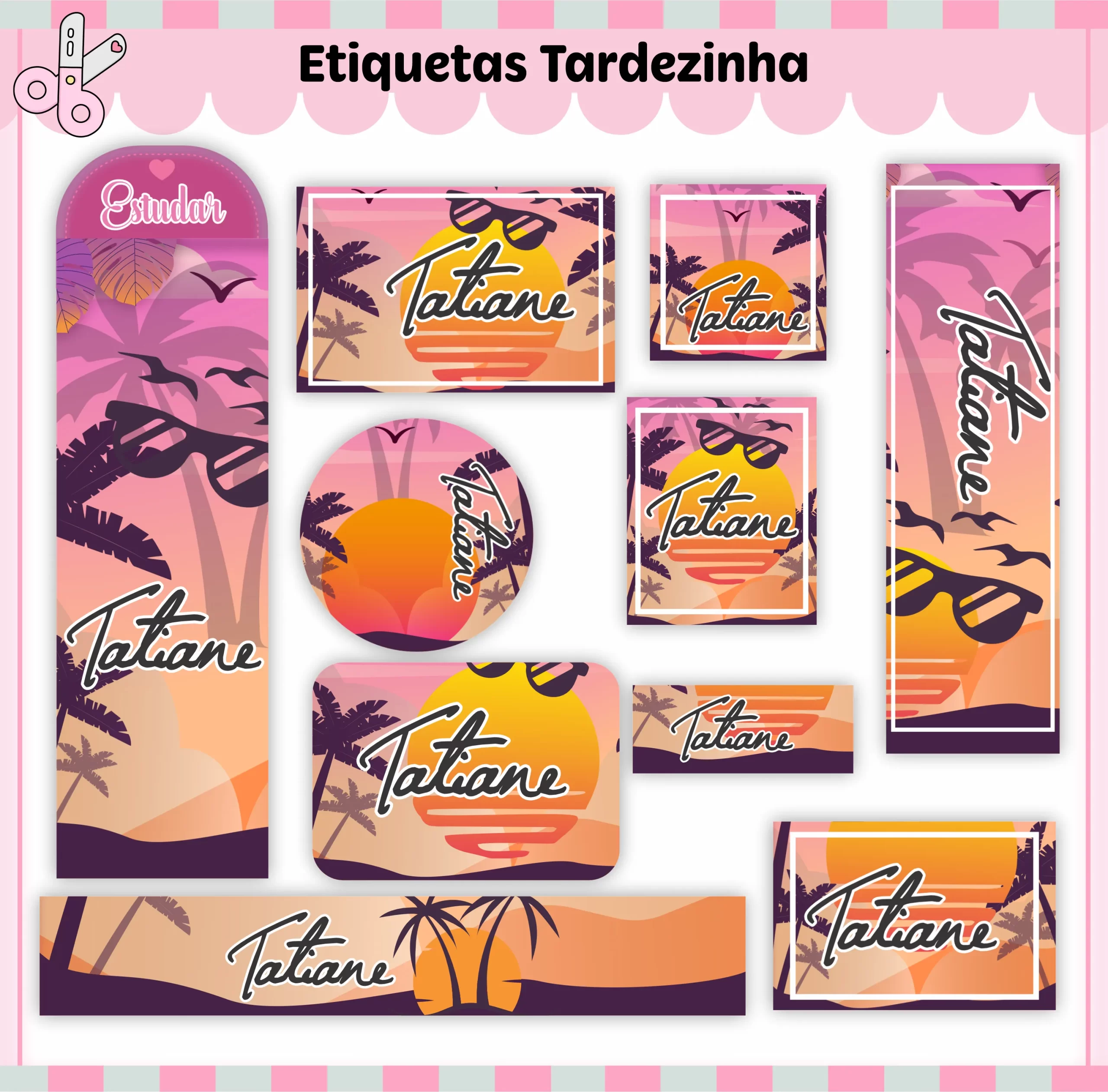 Kit de etiquetas escolares no tema Tardezinha nos formatos Studio, PNG, CDR e PDF em alta resolução com elementos tropicais.