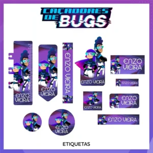 Kit de etiquetas escolares no tema Caçadores de Bugs nos formatos Studio, PNG e PDF em alta resolução com ilustrações divertidas.
