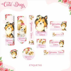 Kit de etiquetas escolares no tema Cachorrinho nos formatos PNG e PDF em alta resolução com patinhas e cachorros fofos.
