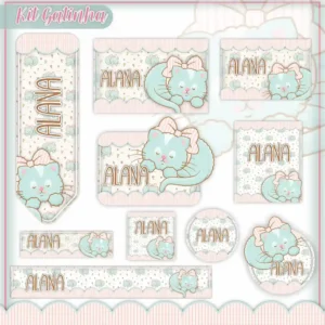 Kit de etiquetas escolares para imprimir no tema Gatinha em alta resolução com ilustrações fofas para cadernos.