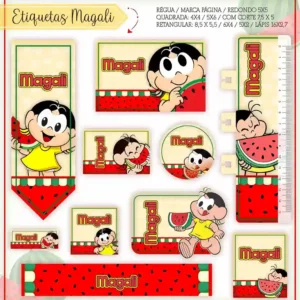 Kit de etiquetas escolares no tema Magali nos formatos Studio, PNG e PDF em alta resolução para cadernos e livros.