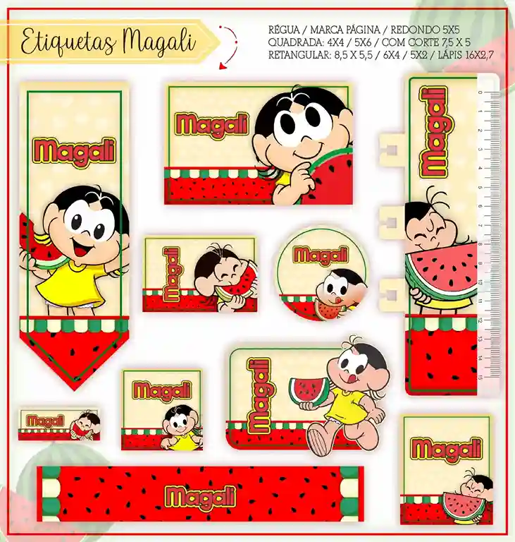 Kit de etiquetas escolares no tema Magali nos formatos Studio, PNG e PDF em alta resolução para cadernos e livros.
