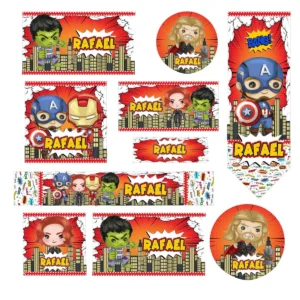 Kit de etiquetas escolares no tema Vingadores nos formatos Studio e PDF em alta resolução com os heróis da Marvel.