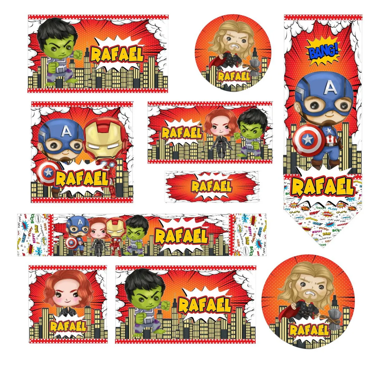 Kit de etiquetas escolares no tema Vingadores nos formatos Studio e PDF em alta resolução com os heróis da Marvel.