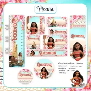 Kit de etiquetas escolares para imprimir no tema Moana no formato PDF em alta resolução para cadernos e livros.