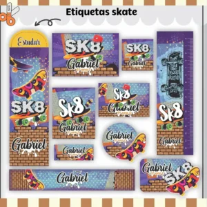 Kit de etiquetas para material escolar no tema Skate nos formatos Studio, PNG e PDF em alta resolução com estampas radicais.