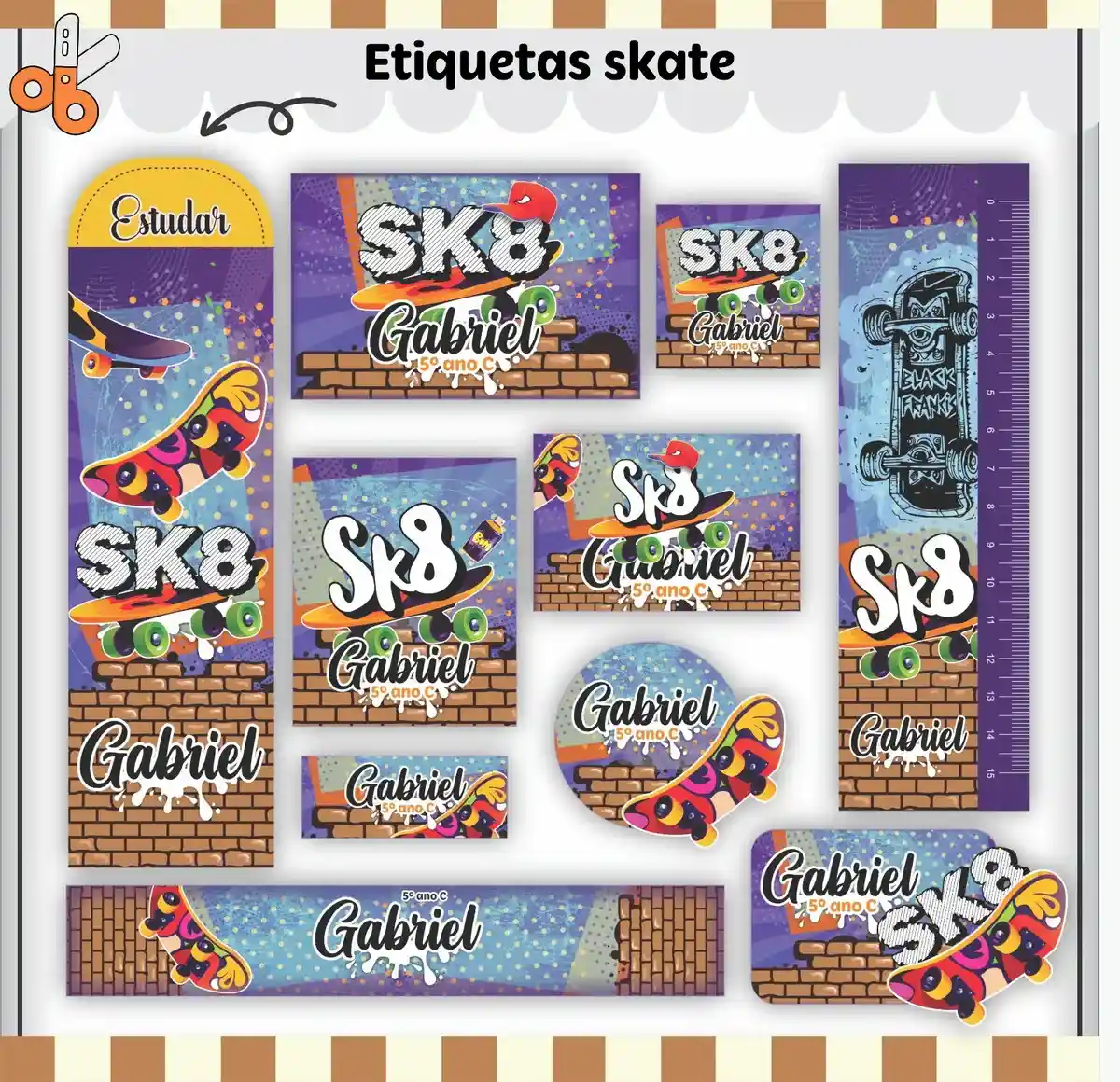 Kit de etiquetas para material escolar no tema Skate nos formatos Studio, PNG e PDF em alta resolução com estampas radicais.