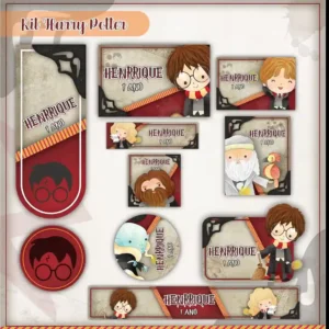 Kit de etiquetas para material escolar no tema Harry Potter com o bruxinho e elementos mágicos de Hogwarts para cadernos.