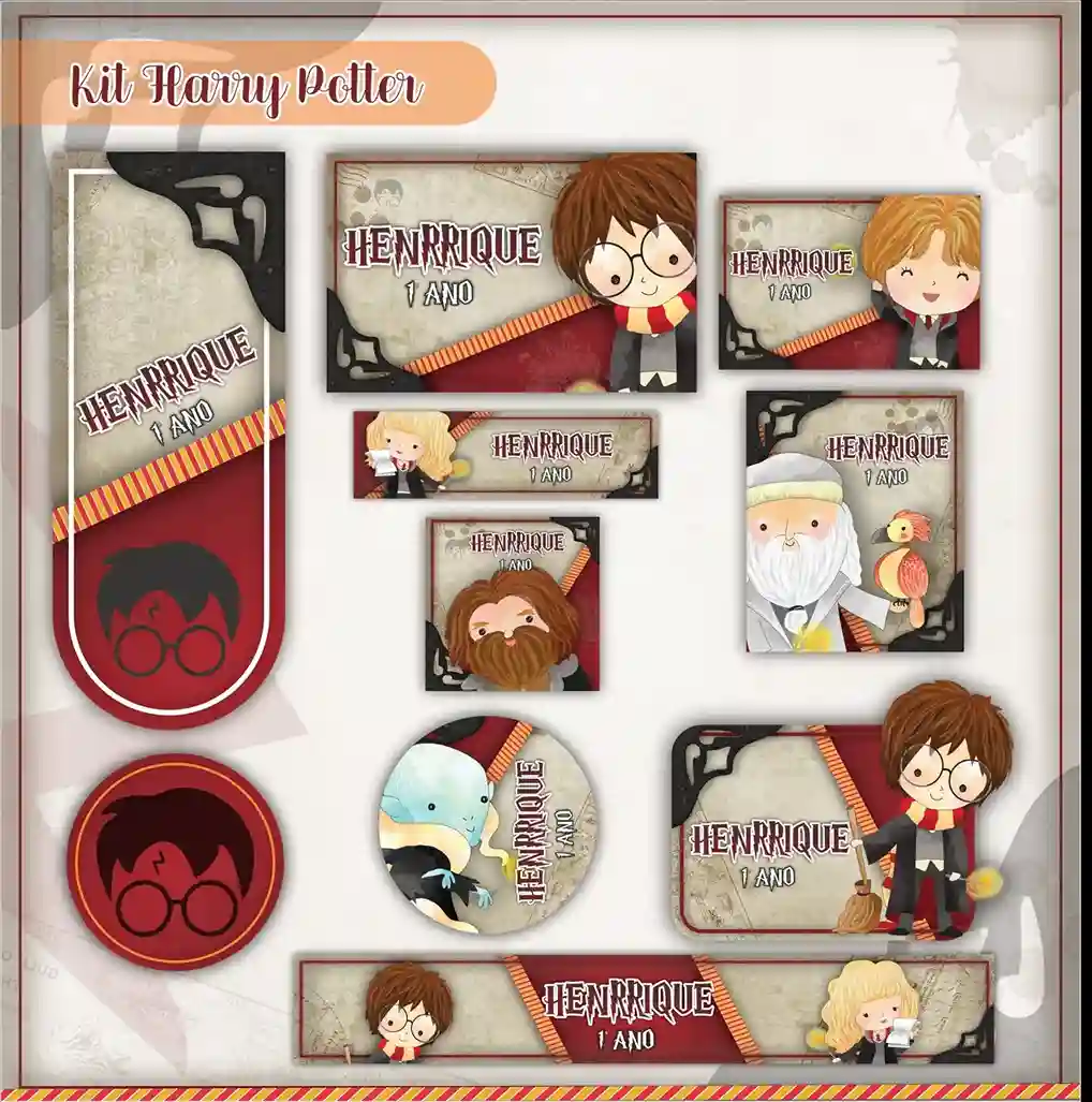 Kit de etiquetas para material escolar no tema Harry Potter com o bruxinho e elementos mágicos de Hogwarts para cadernos.