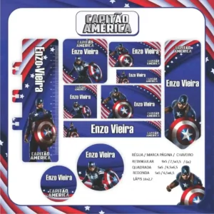 Kit de etiquetas no tema Capitão América nos formatos Studio, PNG, CDR e PDF em alta resolução para personalizada.