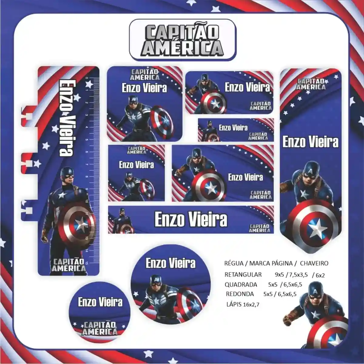 Kit de etiquetas no tema Capitão América nos formatos Studio, PNG, CDR e PDF em alta resolução para personalizada.