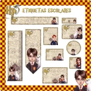 Kit de etiquetas escolares para editar no tema Harry Potter em formato Studio com o bruxinho e elementos de Hogwarts.