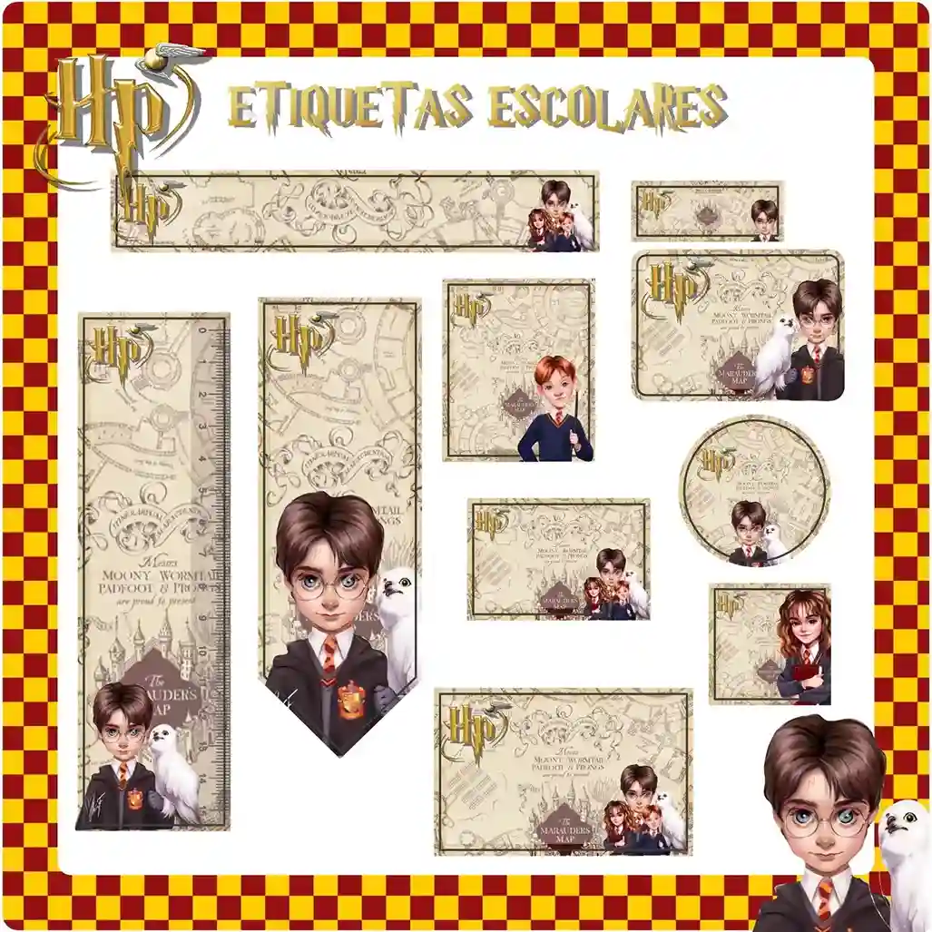 Kit de etiquetas escolares para editar no tema Harry Potter em formato Studio com o bruxinho e elementos de Hogwarts.