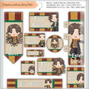 Kit de etiquetas escolares para imprimir no tema Harry Potter com o bruxinho e elementos mágicos para cadernos e livros.
