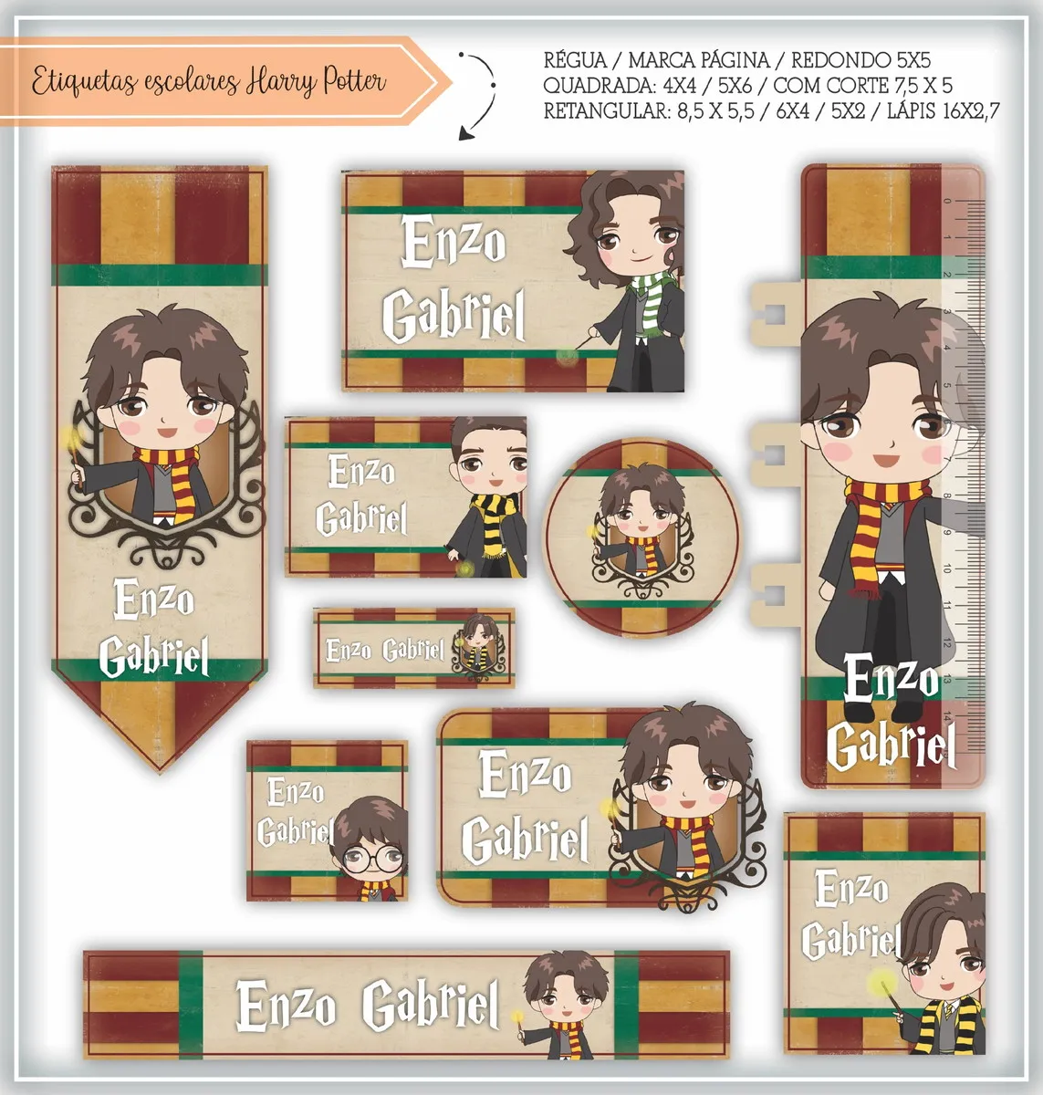 Kit de etiquetas escolares para imprimir no tema Harry Potter com o bruxinho e elementos mágicos para cadernos e livros.