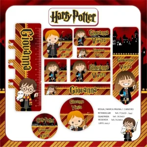 Kit de etiquetas escolares no tema Hermione nos formatos Studio, PNG, CDR e PDF em alta resolução com elementos mágicos.