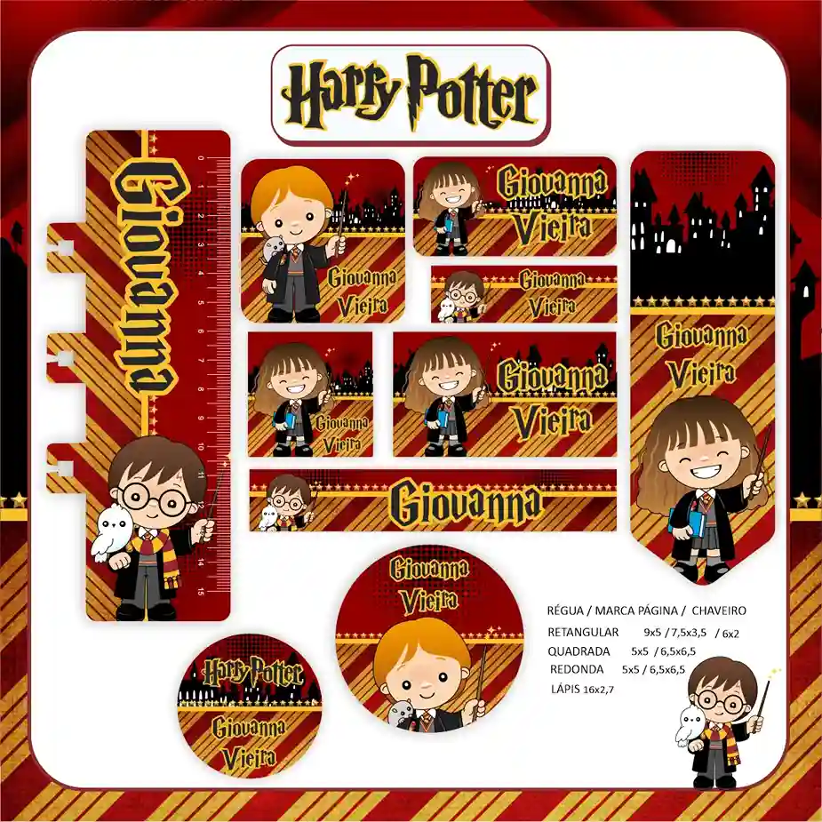 Kit de etiquetas escolares no tema Hermione nos formatos Studio, PNG, CDR e PDF em alta resolução com elementos mágicos.