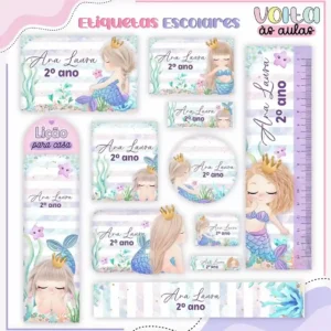 Kit de etiquetas escolares para imprimir no tema Sereia com caudas e elementos do fundo do mar para cadernos e livros.
