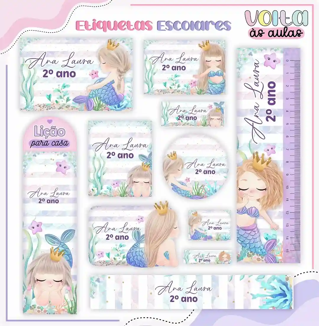 Kit de etiquetas escolares para imprimir no tema Sereia com caudas e elementos do fundo do mar para cadernos e livros.