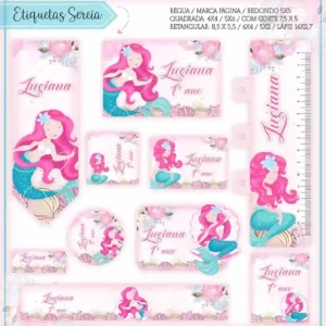 Kit de etiquetas escolares para imprimir no tema Pequena Sereia com a Ariel e elementos do fundo do mar para cadernos.