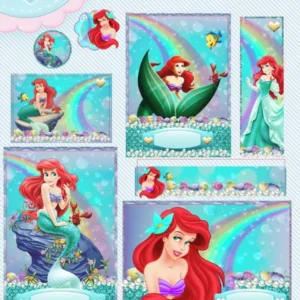 Kit de etiquetas escolares personalizadas no tema Ariel nos formatos Studio e PDF com a Pequena Sereia e fundo do mar.