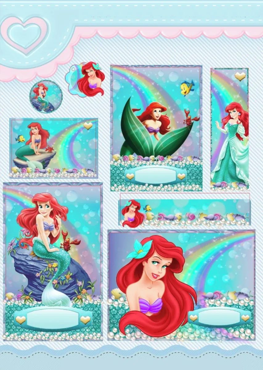 Kit de etiquetas escolares personalizadas no tema Ariel nos formatos Studio e PDF com a Pequena Sereia e fundo do mar.
