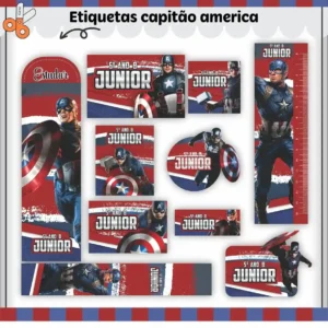 Kit de etiquetas escolares personalizadas no tema Capitão América com elementos do herói para cadernos e livros.