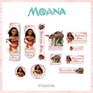 Kit de etiquetas escolares personalizadas tema Moana nos formatos PNG e PDF em alta resolução para cadernos.