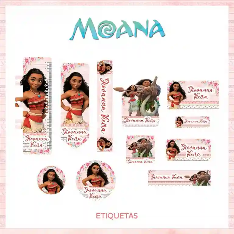 Kit de etiquetas escolares personalizadas tema Moana nos formatos PNG e PDF em alta resolução para cadernos.