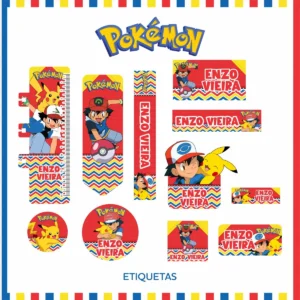 Kit de etiquetas escolares personalizadas no tema Pokemon nos formatos PNG e PDF em alta resolução com Pikachu e Pokebolas.
