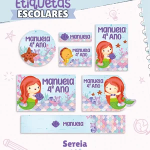 Kit de etiquetas escolares personalizadas no tema Sereia com escamas e caudas do fundo do mar para cadernos e livros.