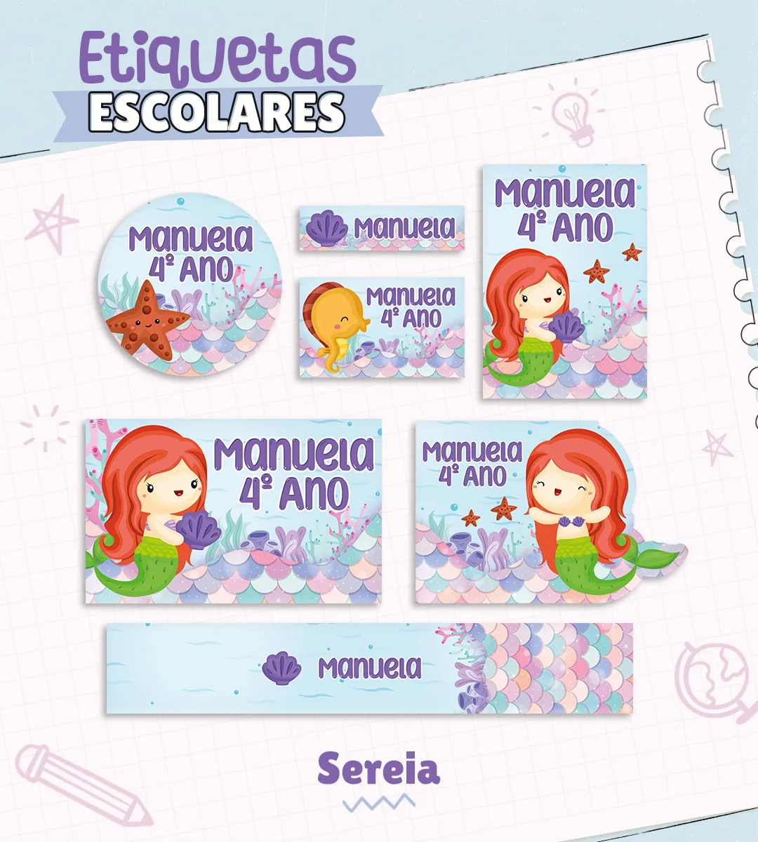 Kit de etiquetas escolares personalizadas no tema Sereia com escamas e caudas do fundo do mar para cadernos e livros.