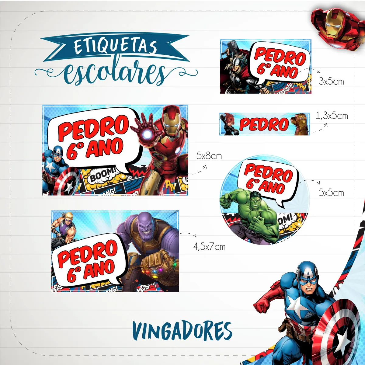 Kit de etiquetas escolares personalizadas no tema Vingadores nos formatos Studio, PNG e PDF em alta resolução com os heróis.