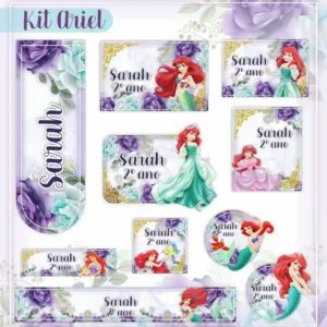 Kit de etiquetas escolares no tema Princesa Ariel nos formatos Studio, PNG e PDF em alta resolução com o fundo do mar.