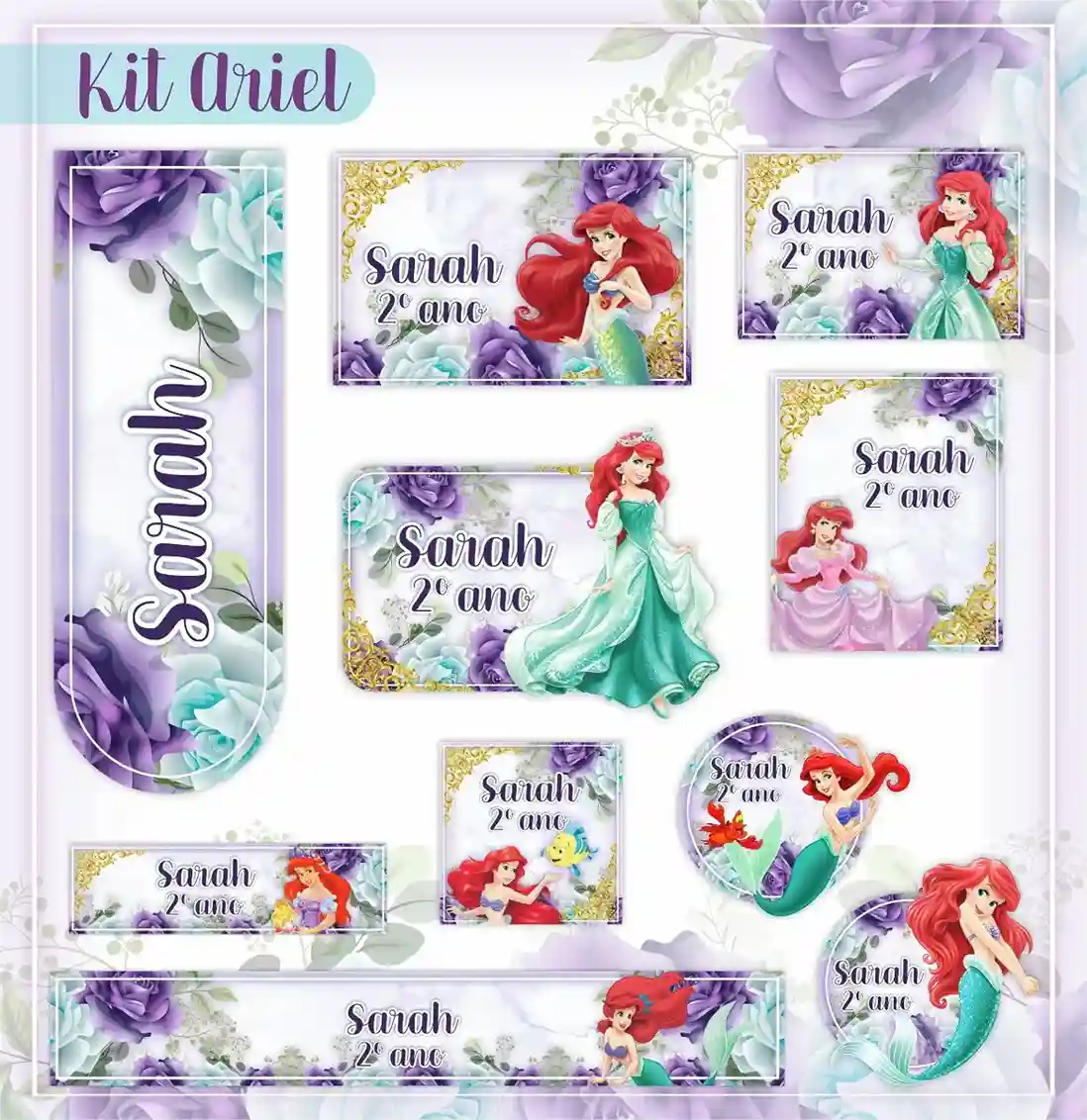 Kit de etiquetas escolares no tema Princesa Ariel nos formatos Studio, PNG e PDF em alta resolução com o fundo do mar.