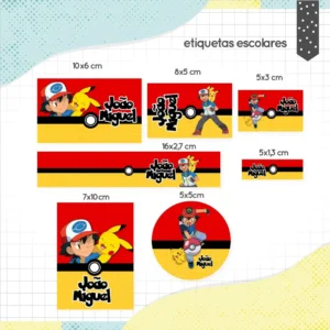 Kit de etiquetas escolares para imprimir no tema Pokemon com Pikachu e Pokebolas para identificação de materiais escolares.