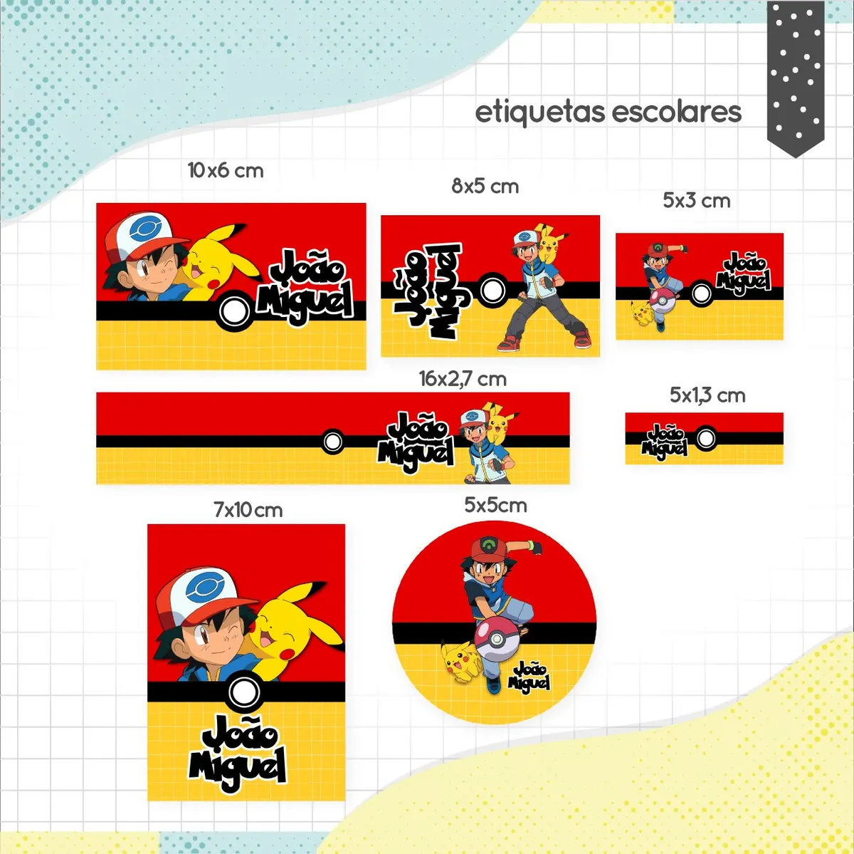 Kit de etiquetas escolares para imprimir no tema Pokemon com Pikachu e Pokebolas para identificação de materiais escolares.