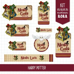 Kit de etiquetas escolares no tema Harry Potter nos formatos Studio e PNG em alta resolução com o bruxinho e óculos.