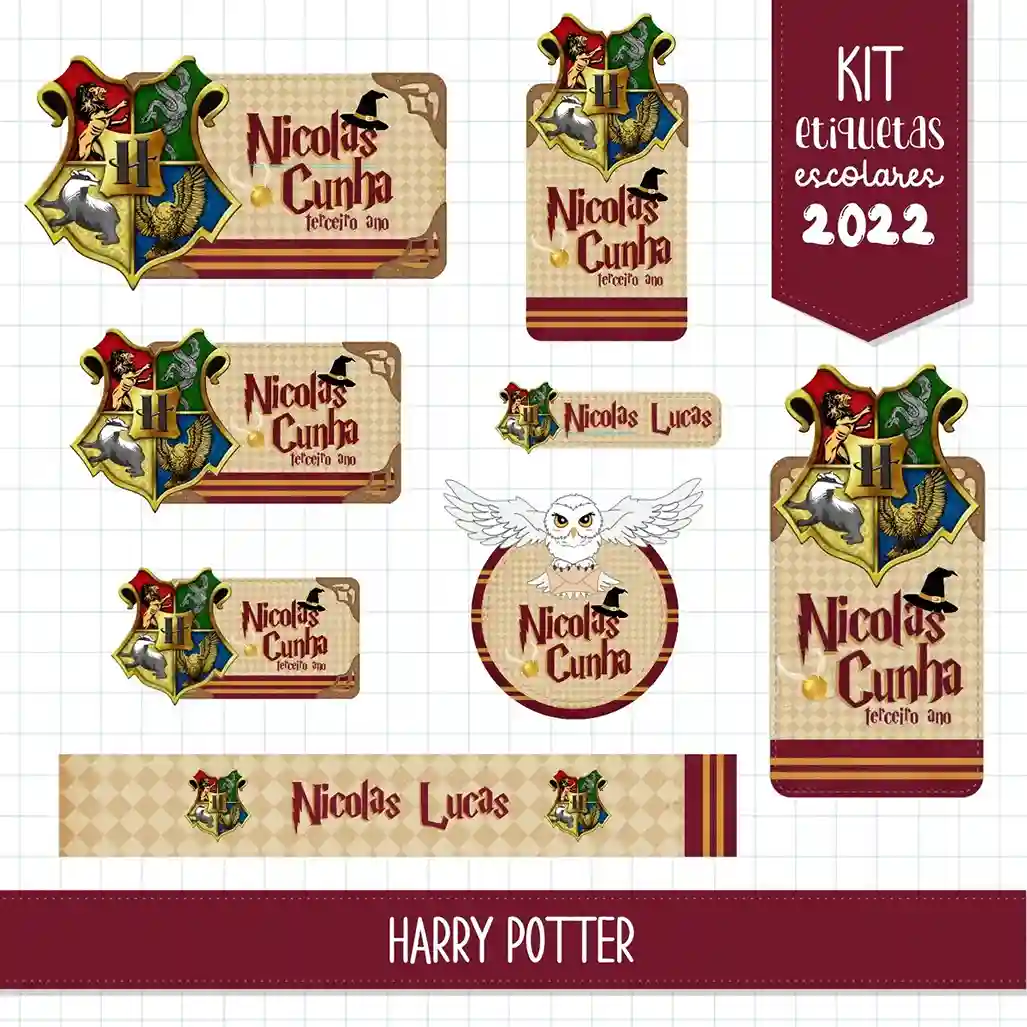 Kit de etiquetas escolares no tema Harry Potter nos formatos Studio e PNG em alta resolução com o bruxinho e óculos.
