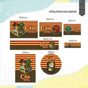 Kit de etiquetas escolares personalizadas no tema Harry Potter com óculos, cicatriz e elementos mágicos para cadernos.