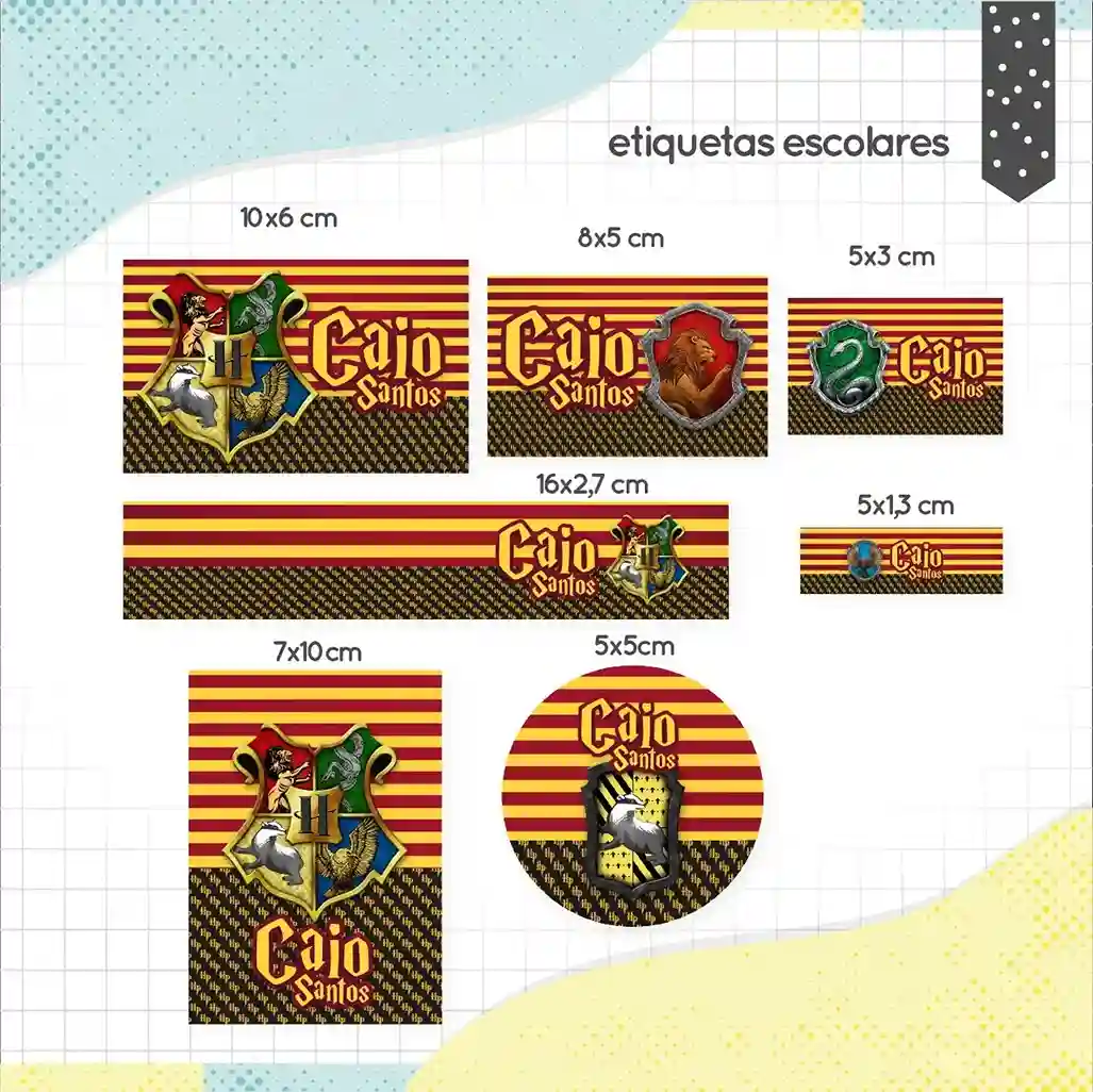 Kit de etiquetas escolares personalizadas no tema Harry Potter com óculos, cicatriz e elementos mágicos para cadernos.
