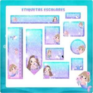 Kit de etiquetas escolares personalizadas no tema Sereia em formato Studio com caudas e elementos do fundo do mar.
