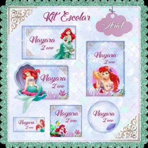Kit de etiquetas escolares personalizadas no tema Ariel com a Pequena Sereia e elementos do fundo do mar para cadernos.