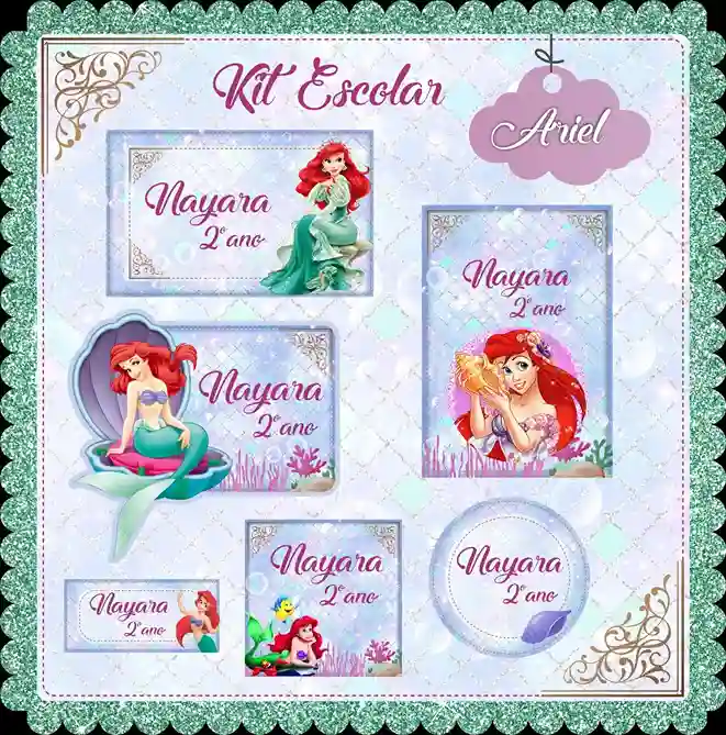 Kit de etiquetas escolares personalizadas no tema Ariel com a Pequena Sereia e elementos do fundo do mar para cadernos.