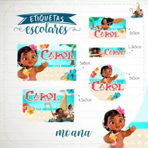 Kit de etiquetas escolares no tema Moana nos formatos Studio e PDF em alta resolução para cadernos e materiais.