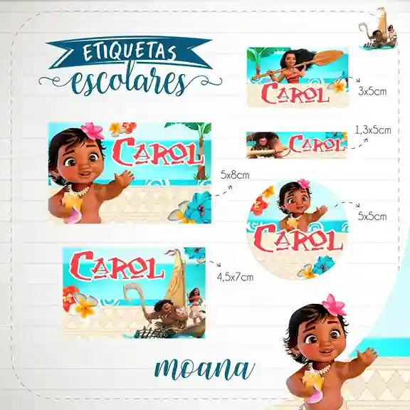 Kit de etiquetas escolares no tema Moana nos formatos Studio e PDF em alta resolução para cadernos e materiais.