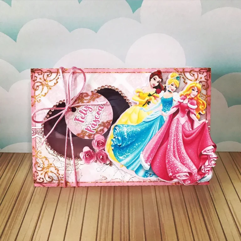 Embalagem interativa com berço para doces e bisnaga decorada com a Ariel e a Rapunzel em camadas. Arquivo digital configurado em Silhouette Studio.