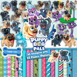 Elementos digitais de cachorrinhos Puppy Dog em alta resolução. Imagens em formato PNG com fundo transparente e papéis com pegadas e ossos em JPG.