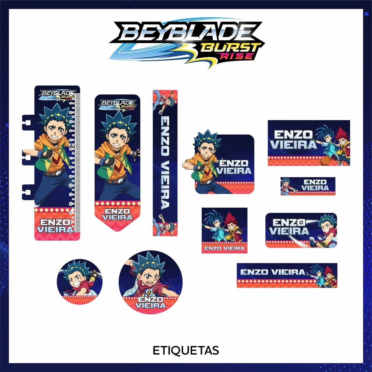 Kit de etiquetas escolares no tema Beyblade nos formatos Studio e PNG em alta resolução com elementos dos piões radicais.